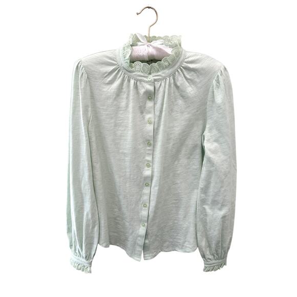 BODEN Petite Light Green Lace Trim Button Blouse Long Sleeve Cotton NWT | Size 6 - Picture 1 of 8